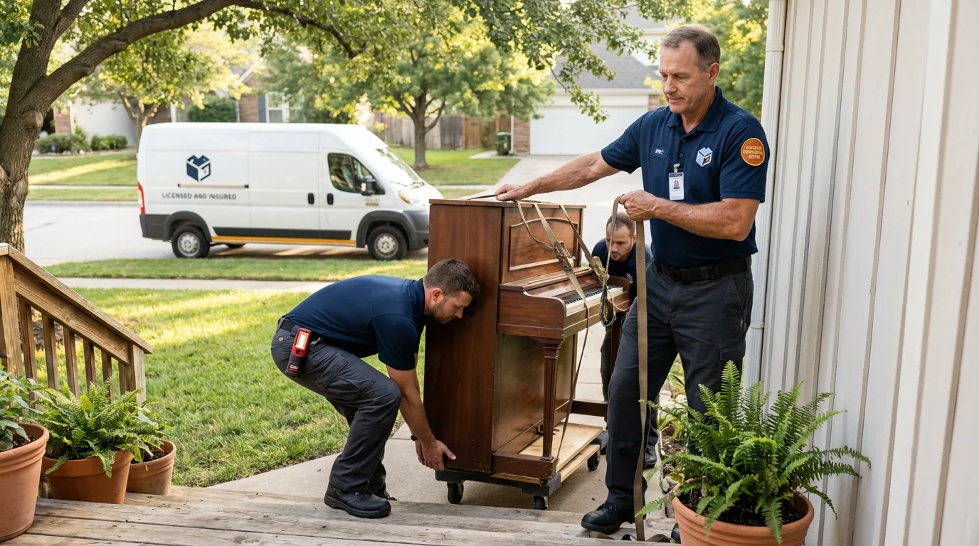 Licensed piano movers securing grand piano in Eufaula, AL